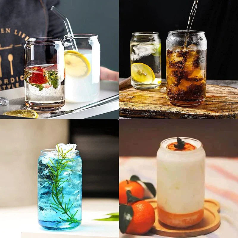 Set of 4 Reusable 470ml Glass Beer Mugs with Straws and Wooden Lids, Includes Straw Brush for Iced Coffee and Juice