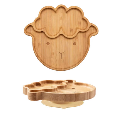 1PC Bamboo Wooden Dinnerware Baby Feeding Accessories Cartoon Animals Elephant Dinner Plate with Sucker Baby Products Gifts