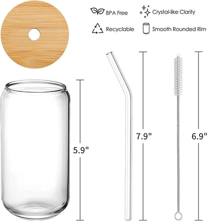 Set of 4 Reusable 470ml Glass Beer Mugs with Straws and Wooden Lids, Includes Straw Brush for Iced Coffee and Juice