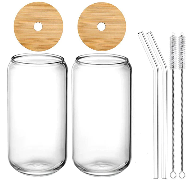 Set of 4 Reusable 470ml Glass Beer Mugs with Straws and Wooden Lids, Includes Straw Brush for Iced Coffee and Juice