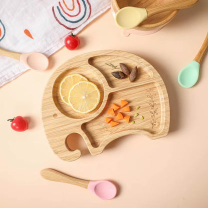 1PC Bamboo Wooden Dinnerware Baby Feeding Accessories Cartoon Animals Elephant Dinner Plate with Sucker Baby Products Gifts