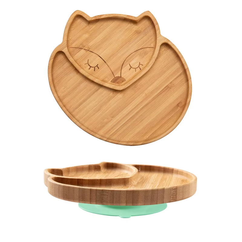 1PC Bamboo Wooden Dinnerware Baby Feeding Accessories Cartoon Animals Elephant Dinner Plate with Sucker Baby Products Gifts