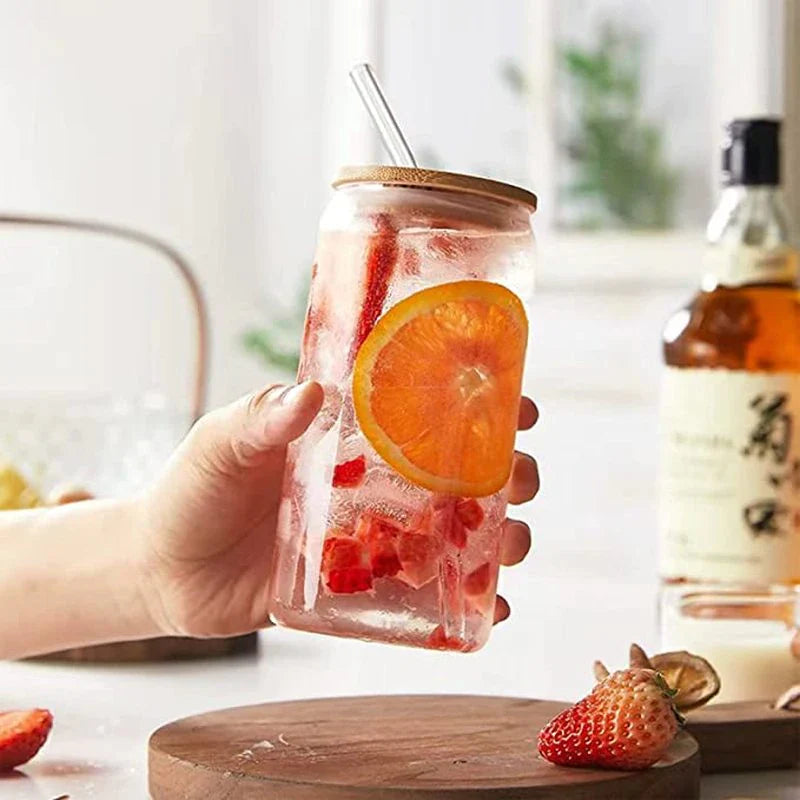 Set of 4 Reusable 470ml Glass Beer Mugs with Straws and Wooden Lids, Includes Straw Brush for Iced Coffee and Juice