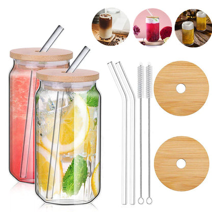 Set of 4 Reusable 470ml Glass Beer Mugs with Straws and Wooden Lids, Includes Straw Brush for Iced Coffee and Juice