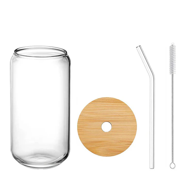Set of 4 Reusable 470ml Glass Beer Mugs with Straws and Wooden Lids, Includes Straw Brush for Iced Coffee and Juice