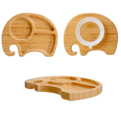 1PC Bamboo Wooden Dinnerware Baby Feeding Accessories Cartoon Animals Elephant Dinner Plate with Sucker Baby Products Gifts